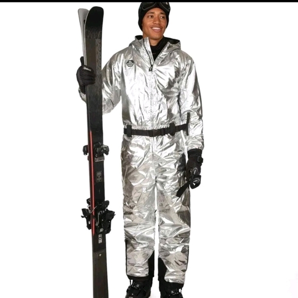 NWT! Tipsy Elves,Men's Silver Bullet Snow Suit,Metallic Silver, Size M, MSRP$300 - Picture 2 of 7